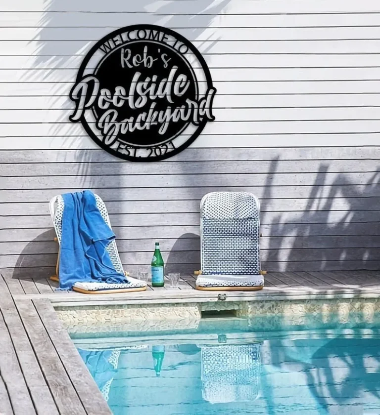 Personalized Poolside Metal Wall Art, Custom Family Name Poolside Paradise Decor, Metal Swimming Pool Sign
