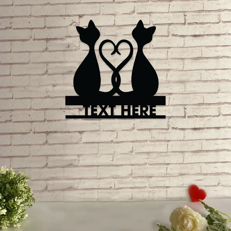 il_794xN.3315979109_oeip.webp Black Cat Personalized Metal Sign, Heart Shape Metal Wall Art, Vintage Couple Cat Wall Hanging, Anniversary Decor, Cat Lovers Gift