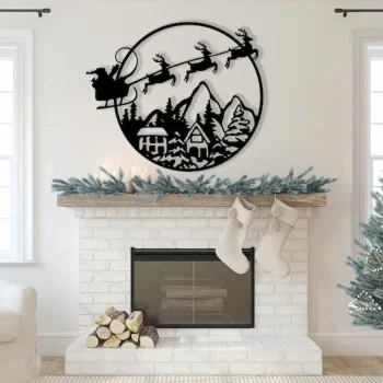 Santa Christmas Sleigh Over Town, Metal Art Decor