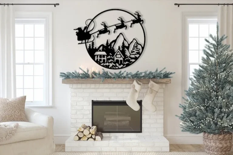 Santa Christmas Sleigh Over Town, Metal Art Decor