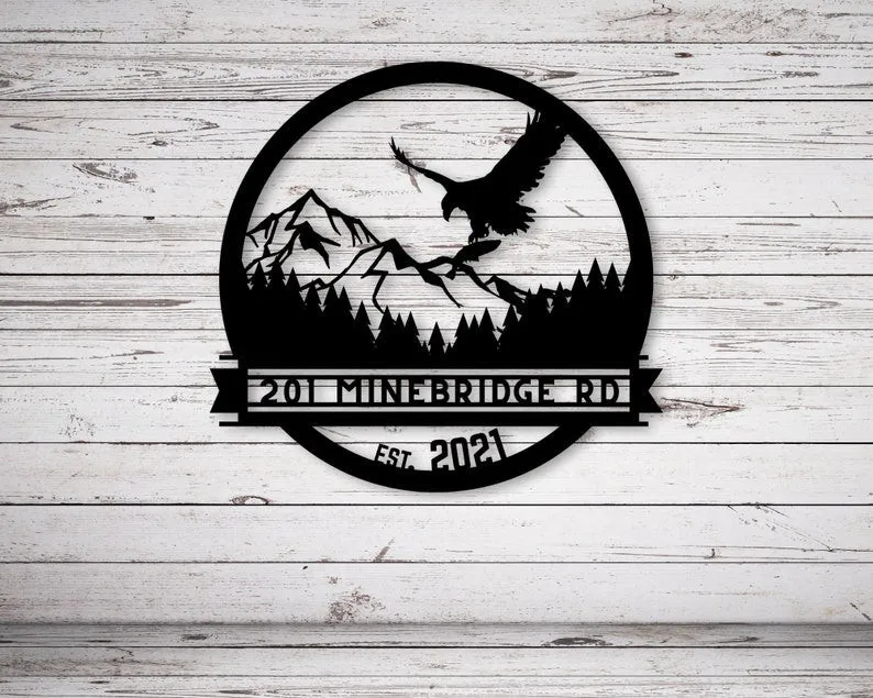 il_794xN.3402252981_knmu.webp Custom Eagle And Mountain Sign, Metal Sign, Dad Gift, Name Monogram, Established Sign, Back Porch Décor