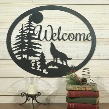 Large Metal Wolf Howling Welcome Sign - 20 Inch Rustic Metal Decor - Large Metal Sign