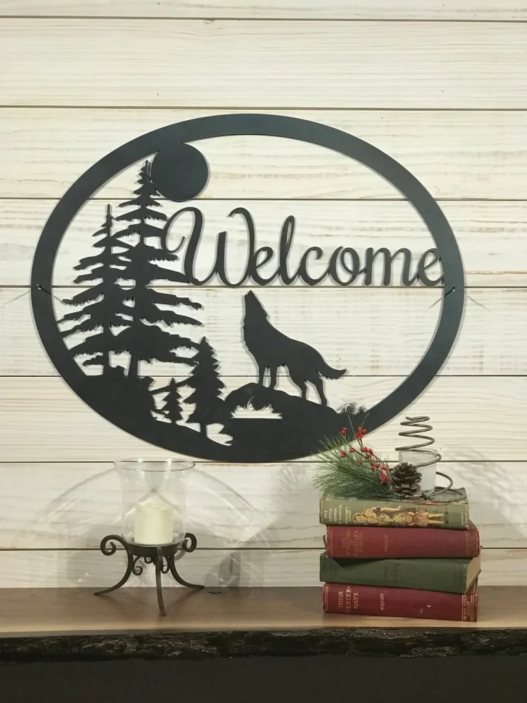 Large Metal Wolf Howling Welcome Sign - 20 Inch Rustic Metal Decor - Large Metal Sign