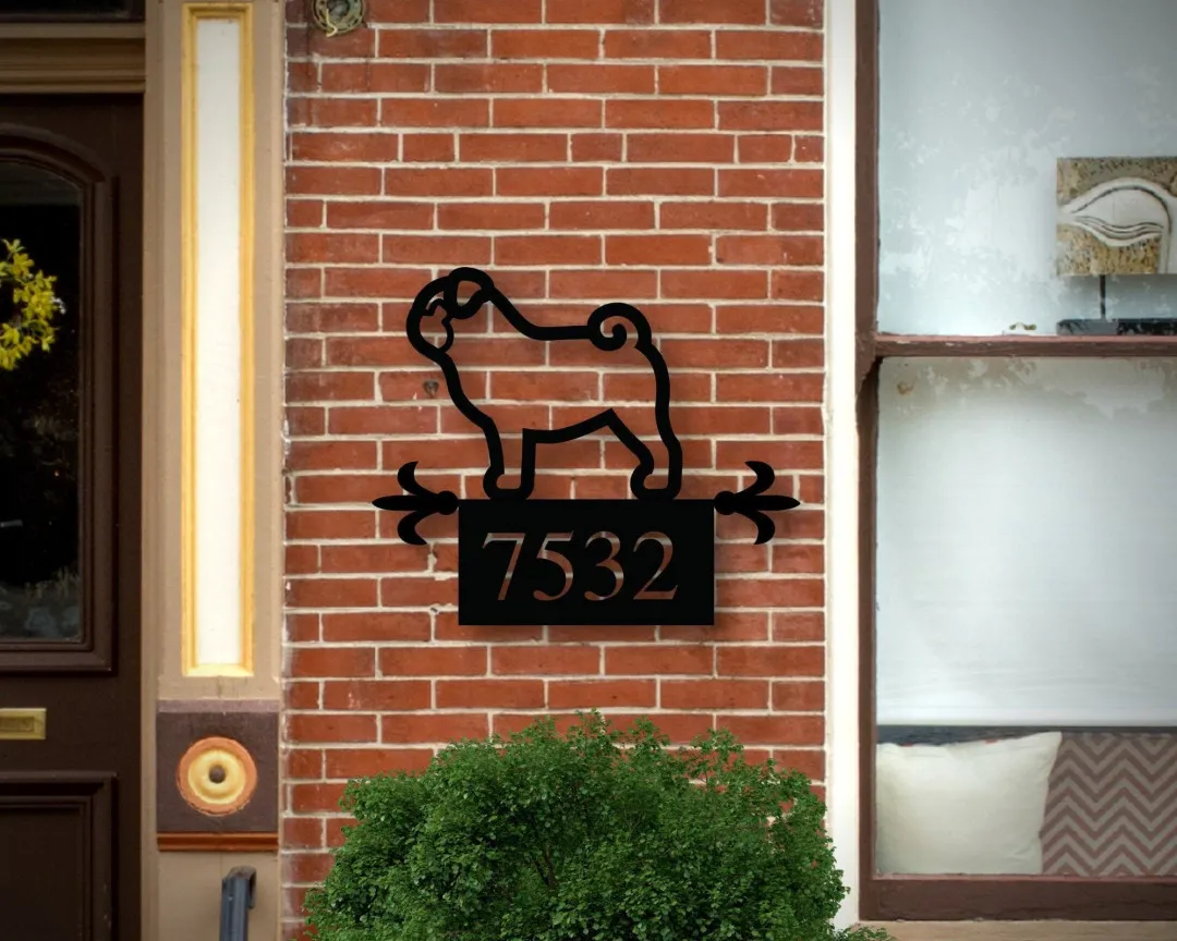 il_fullxfull.2024321259_39sx_1024x1024_2x_00464109-e83c-46da-b517-925cd47ab291.webp Custom Dog Address Sign, Metal Pug Sign, Custom Metal Address Sign, Metal House Number Sign, Pug Art, Front Porch Sign, Address Plaque
