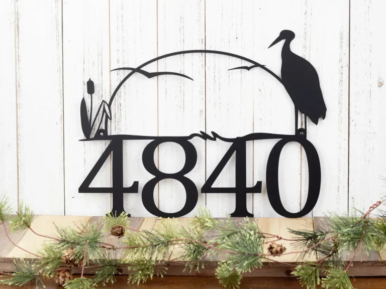 House Number Plaque In Laser Cut Metal With Heron & Cattails, Number Sign, Lake House Decor, Cabin Signs, Matte Black Shown,