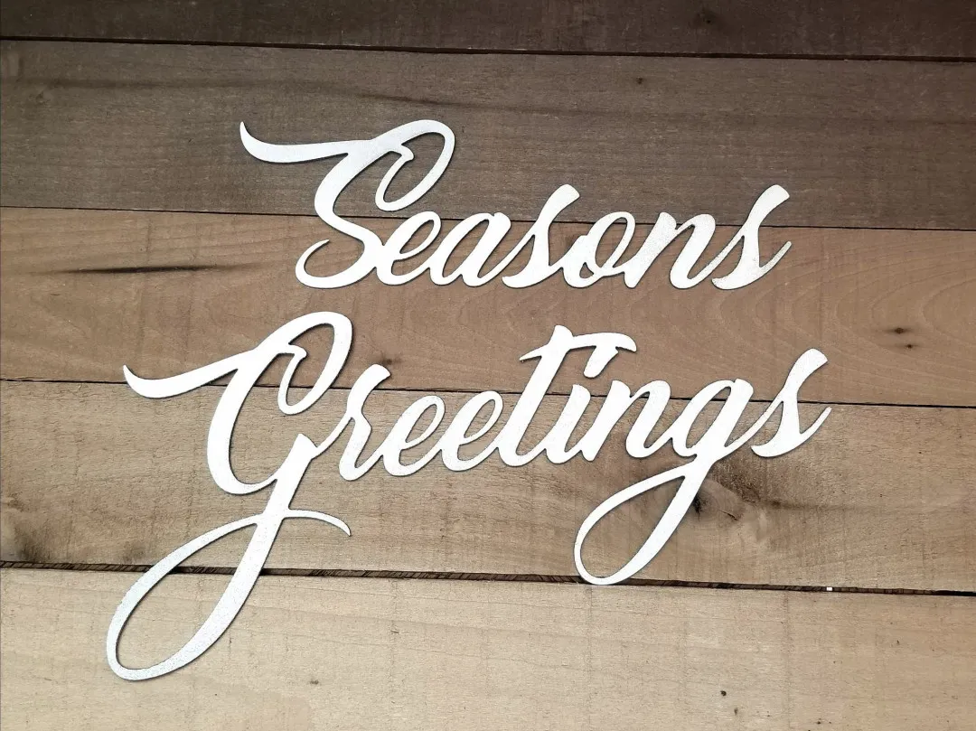 il_fullxfull.2072046146_ecx8_1024x1024_2x_3e975ba0-1ebb-4250-86c5-f079fe06e073.webp Seasons Greetings Sign Metal Wall Art - Steel Script Words For The Wall - Holiday Sign - Christmas Decor - Winter Sign - Mantel Decor