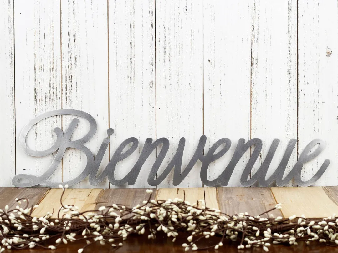 il_fullxfull.2098918513_j4bn_1024x1024_2x_f418a4a8-cdea-4602-9f7e-6cd2f357e4db.webp Bienvenue Sign, Welcome Sign, Metal Word Art, Outdoor Metal Wall Art, Metal Signs, French Welcome, Laser Cut Sign, Raw Steel Shown