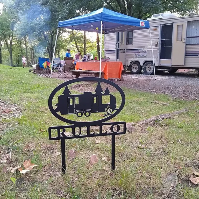 Travel Trailer With Personalized Name Metal Sign - Staked Camping Site Marker - Customized Name Steel Camper Sign