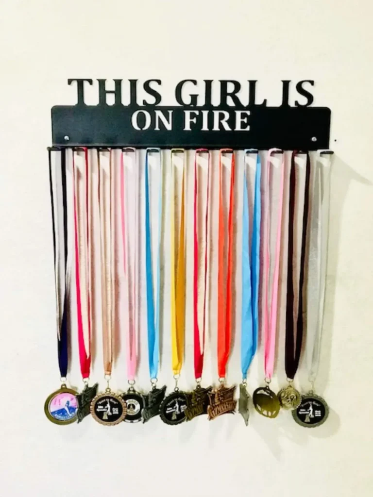 Gymnastics - This Girl Is On Fire- Medal Hanger Holder Display Rack 12 Hooks, Cut Metal Sign, Metal Wall Art