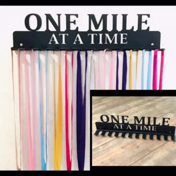 Running Marathon One Mile At A Time - Medal Hanger Holder Display Rack 12 Hooks, Cut Metal Sign, Metal Wall Art