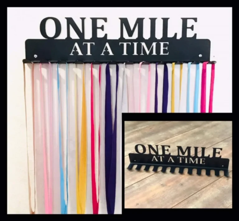 Running Marathon One Mile At A Time - Medal Hanger Holder Display Rack 12 Hooks, Cut Metal Sign, Metal Wall Art