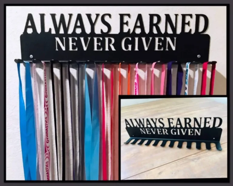 Aways Earned Never Given- Medal Hanger Holder Display Rack 12 Hooks, Cut Metal Sign, Metal Wall Art