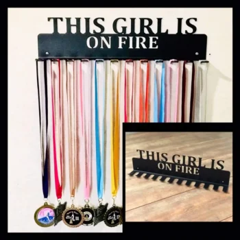 Gymnastics - This Girl Is On Fire- Medal Hanger Holder Display Rack 12 Hooks, Cut Metal Sign, Metal Wall Art