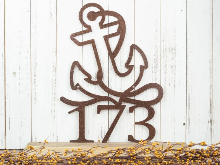 Nautical House Number With Anchor, Metal Address Plaque, Outdoor Metal Wall Art, Beach Sign, Laser Cut Sign, Copper Vein Shown