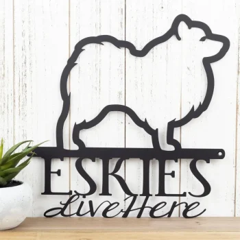 Eskies Live Here Metal Sign - Black, American Eskimos, Eskie, Metal Wall Art, Outdoor Sign