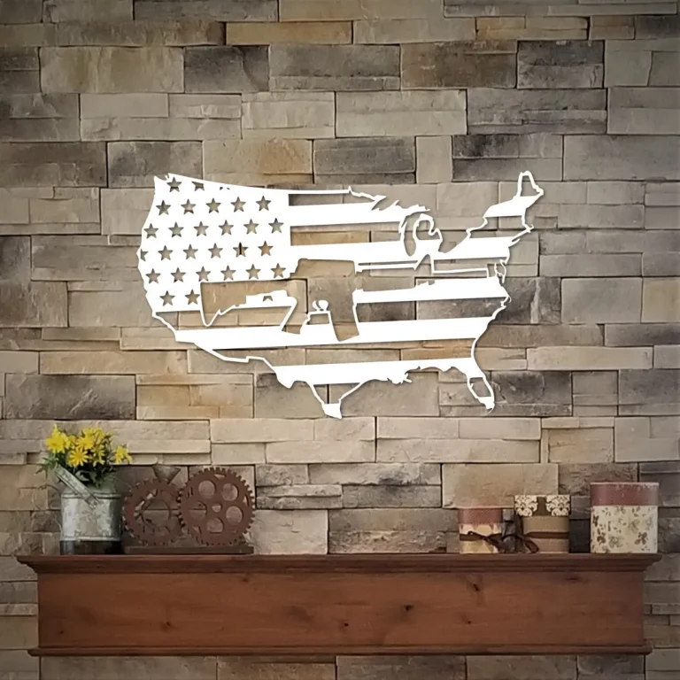 American Flag Metal Wall Art, United States Map Flag With Ar15 Rifle, Usa Military Decor, Patriotic Americana Art, Metal Wall Decor