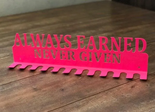 il_fullxfull.2243381466_9yds_1024x1024_2x_2da1b516-3f7b-4df3-b0c6-b6c9bde8da5d.webp Aways Earned Never Given- Medal Hanger Holder Display Rack 12 Hooks, Cut Metal Sign, Metal Wall Art