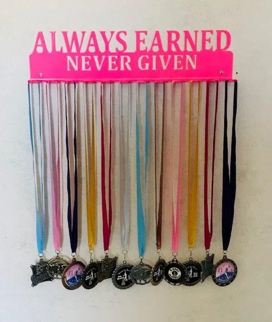 il_fullxfull.2243381948_pw63_1024x1024_2x_face3adc-57da-431b-88b8-64cae0831621.webp Aways Earned Never Given- Medal Hanger Holder Display Rack 12 Hooks, Cut Metal Sign, Metal Wall Art