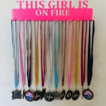 Gymnastics - This Girl Is On Fire- Medal Hanger Holder Display Rack 3 Rung, Cut Metal Sign, Metal Wall Art