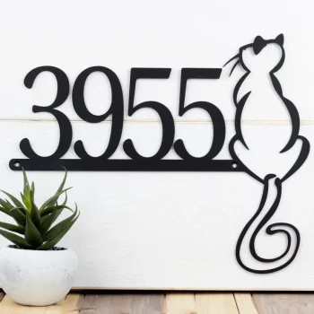 Cat House Number Metal Sign, House Numbers, Address Plaque, Cat Sign, Metal Wall Art