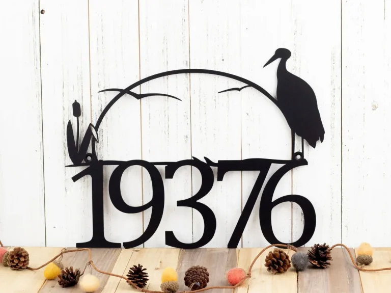 Outdoor House Number Metal Sign With Heron And Cattails - Black, Outdoor Sign