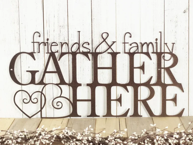 Friends & Family Gather Here Metal Sign, Metal Wall Art, Home Decor, Cabin Decor, Hearts, Kitchen Decor, Lake Home Decor