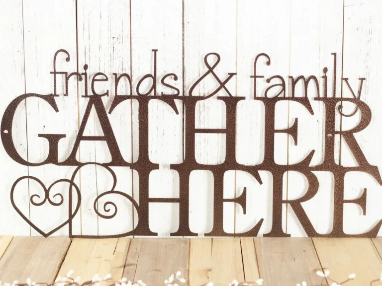 Friends & Family Gather Here Metal Sign, Metal Wall Art, Home Decor, Cabin Decor, Hearts, Kitchen Decor, Lake Home Decor