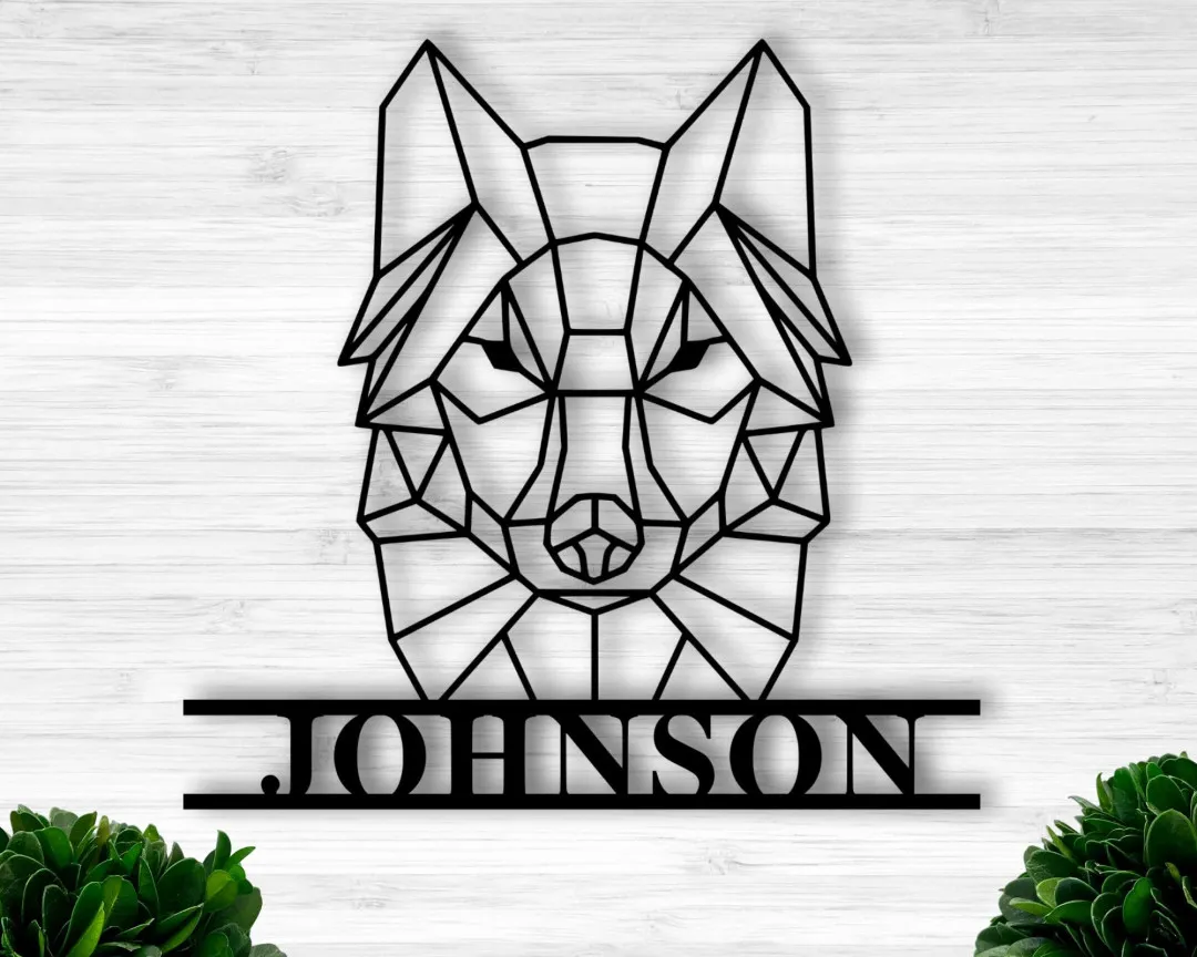 il_fullxfull.2462053256_b626_5f5b7214-7226-4746-a36b-cb127b854d2d.webp Personalized Geometric Wolf Sign, Custom Wolf Head Sign, Personalized Wolf, Wilderness Sign, Custom Metal Name Sign