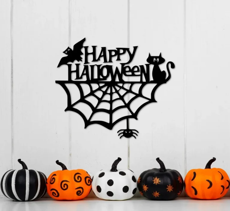 Metal Happy Halloween Sign With Spider Web Bat And Cat - Metal Word Art Halloween Decor - Front Door Hanger - Halloween Entryway Decor