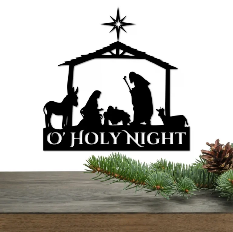 Metal Nativity Scene Wall Art - O' Holy Night Christmas Sign - Inspirational Words Wall Hanging - Holiday Decor - Religious Metal Art Gift