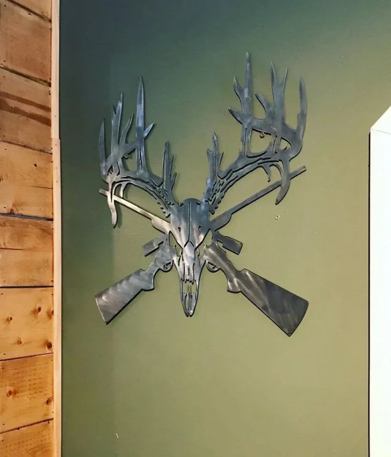 Metal Deer Skull And Gun Sign - Metal Man Cave Sign - Garage Sign - Hunting Decor - Metal Deer Skull - Gift For Him - Metal Antlers