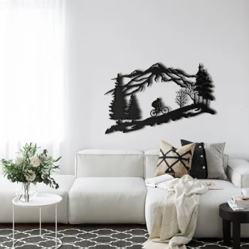 Metal Biker Wall Art, Metal Wall Decor, Mountain Tree And Cyclist Wall Art, Bicycle Lover Gift, Home Decoration, Wall Hangings