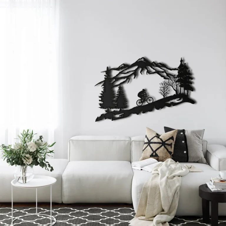 Metal Biker Wall Art, Metal Wall Decor, Mountain Tree And Cyclist Wall Art, Bicycle Lover Gift, Home Decoration, Wall Hangings