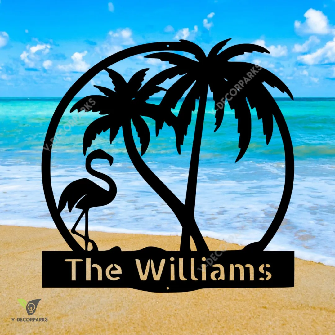 il_fullxfull.2937327142_5zdo_62df7be8-1522-48ab-addd-75b30f2882c7.webp Flamingo And Palm Trees Family Custom Metal Sign - Personalized Family Name Metal Sign - Wedding Gift - Personalized Gift - Metal Wall Art