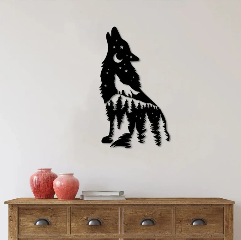 Howling Wolf Metal Wall Art, Mountain Wolf Metal Sign, Pine Forest Trees Sign, Hiking Wolves Sign, Wolf Metal Art, Metal Wolf