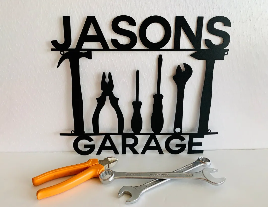 il_fullxfull.3169377460_gslk.webp Personalized 14" Metal Garage Sign Custom Name Sign Garage Location Metal Wall Art Housewarming Plaque Decor Man Cave Dads Gift For Mechanic