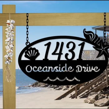 Hanging Beach House Address Sign, Nautical, Seashells, Mermaid, Tropical| Custom Metal Address Sign, Beach House Decor,