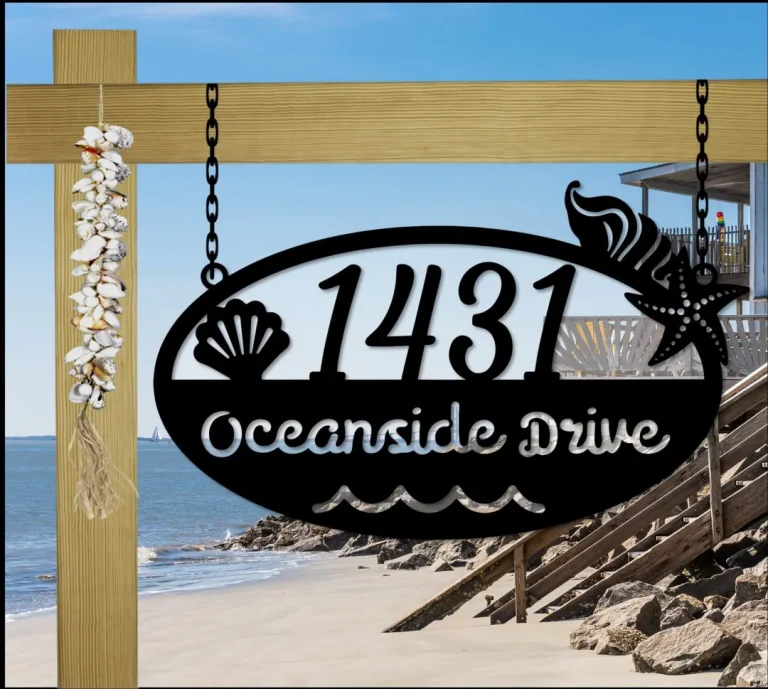 Hanging Beach House Address Sign, Nautical, Seashells, Mermaid, Tropical| Custom Metal Address Sign, Beach House Decor,