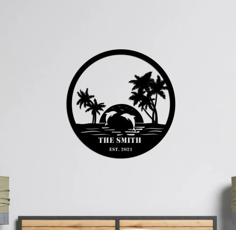 Family Beach And Dolphin Scene Metal Signs, Beach Palm Tree Paradise, Metal Beach Sign, Family Beach House Sign, Metal Wall Art