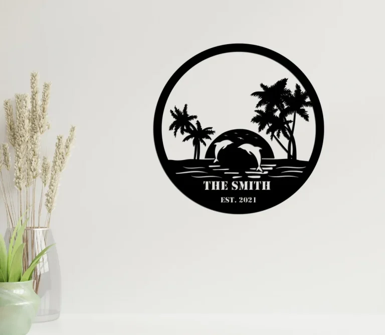 Family Beach And Dolphin Scene Metal Signs, Beach Palm Tree Paradise, Metal Beach Sign, Family Beach House Sign, Metal Wall Art