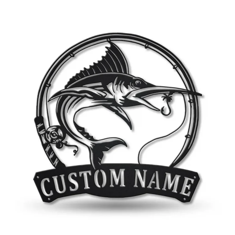 Personalized Marlin Fishing Fish Pole Metal Sign Art, Custom Marlin Fishing Metal Sign, Marlin Fishing Gifts For Men, Marlin Fishing Gift