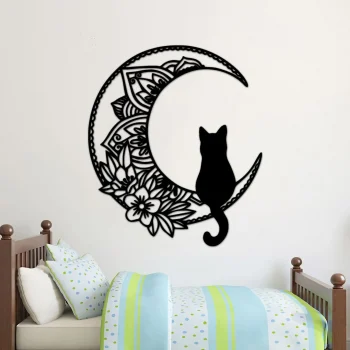 Black Cat On The Moon Metal Wall Art, Mandala Cat Signs, Black Cat Metal Signs, House Decor, Gift For Cat Lover, Wall Hanger