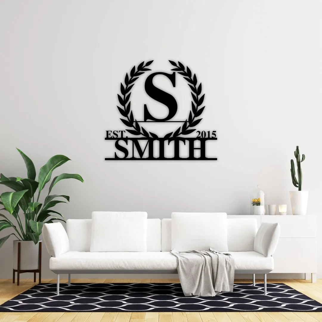 il_fullxfull.3236902055_pgll_1024x1024_2x_52f219a7-53be-473c-8634-ff919e4c3c59.webp Leafy Border Last Name Monogram, Custom Family Name Sign, Housewarming Gift, Metal Monogram, Framed Family Initial, Letter Door Sign Hanger