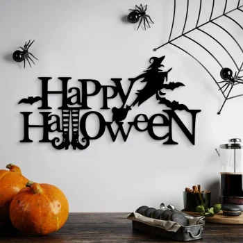 Happy Halloween Metal Sign, Witch Sign, Witch Broomstick, Halloween Welcome Sign, Halloween Decor, Halloween Pumpkin Bat Sign