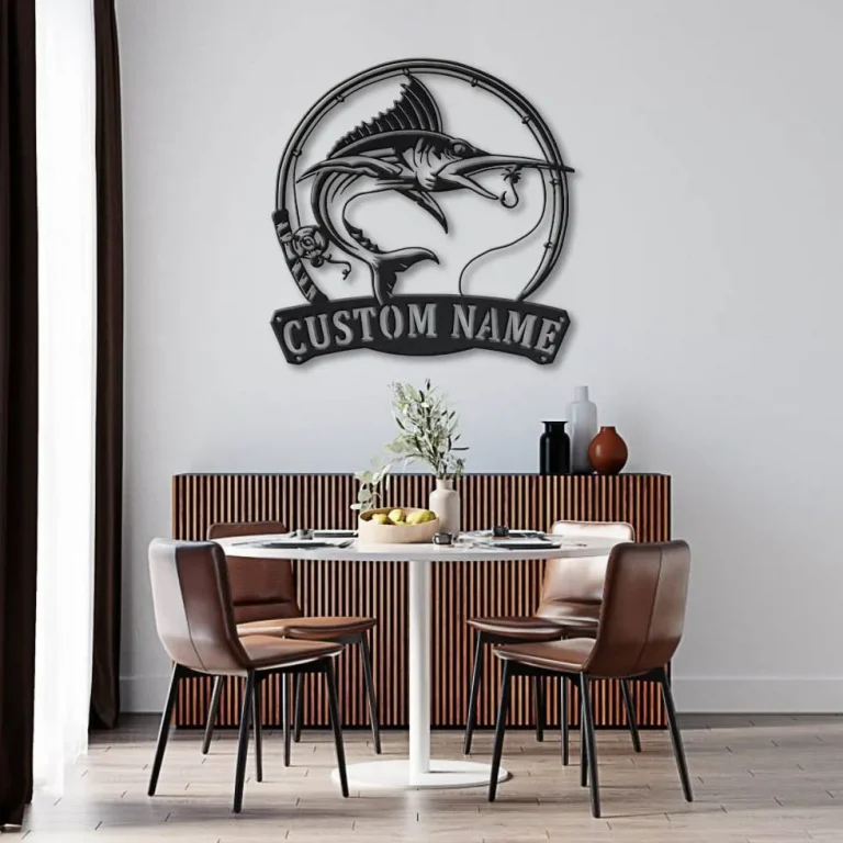 Personalized Marlin Fishing Fish Pole Metal Sign Art, Custom Marlin Fishing Metal Sign, Marlin Fishing Gifts For Men, Marlin Fishing Gift