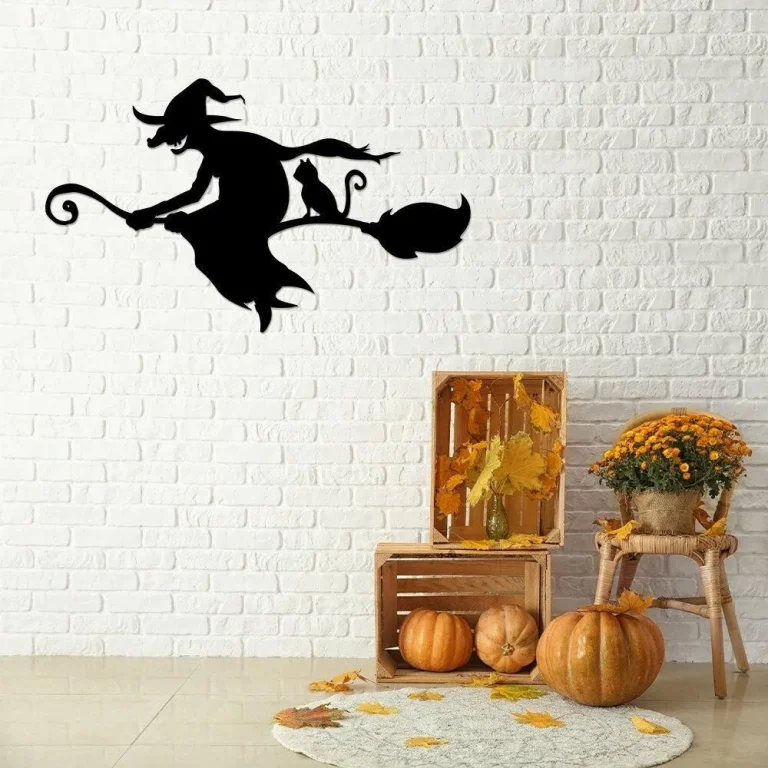 Witch And Cat Broom Silhouette Metal Sign, Gothic Wall Decor, Halloween Decorations Outdoor, Witch Signs, Black Cat Sign, Halloween Gift