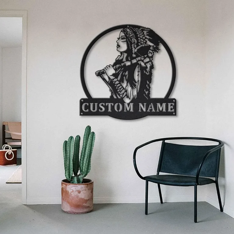 Personalized Native American Warrior Girl Metal Sign Art , Custom Native American Metal Sign , Warrior Girl Sign Decoration For Living Room