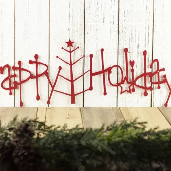 Happy Holidays Metal Sign With Christmas Tree - Red, Christmas Tree, Outdoor Wall Art, Holiday Decor, Christmas