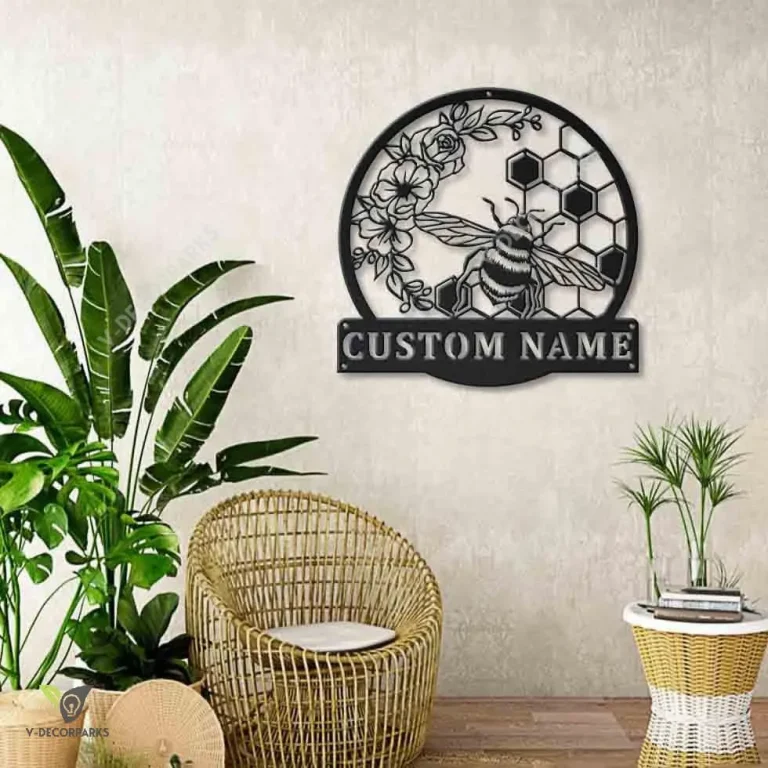 Personalized Honey Bee Monogram Metal Sign Art, Custom Honey Bee Metal Wall Art, Bee Antler Decor, Housewarming Outdoor Metal Sign