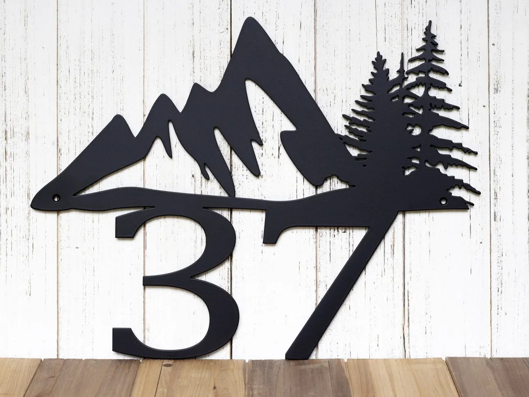 il_fullxfull.3290283180_j81j_1024x1024_2x_766f4569-0525-4bcd-bd54-d65e011113b0.webp Custom Mountain House Number Metal Sign - Black, Mountain, Pine Tree, Metal Sign, Outdoor Sign